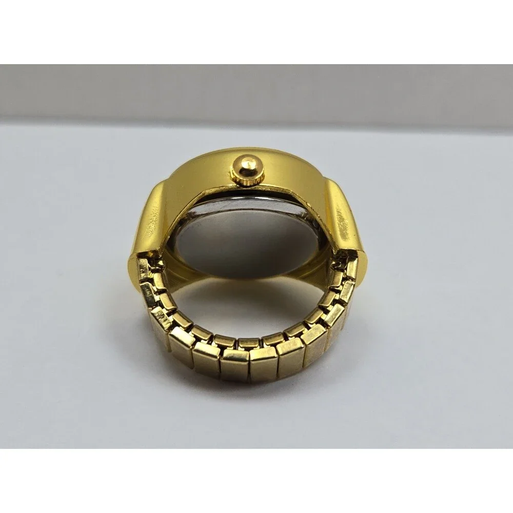 Bozhi Gold Tone Quartz Ring Watch Black Dial Adjustable Finger Retro New Battery
